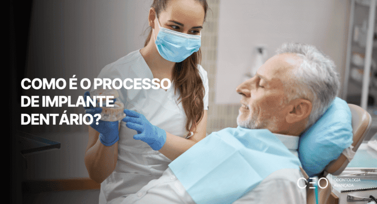Arte de capa sobre como é o processo de implante dentário, com dentista e paciente em atendimento odontológico.